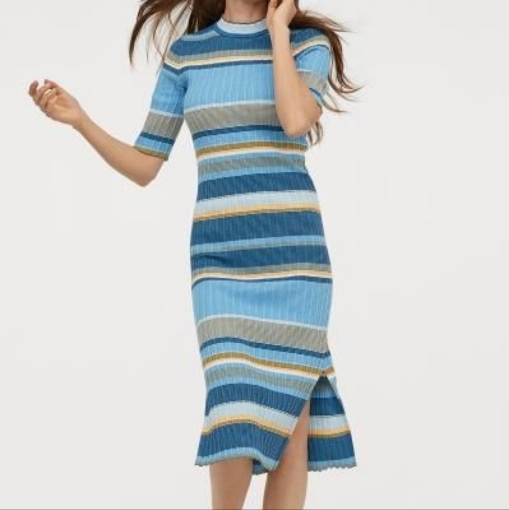 Multicolored Striped Ribbed Midi Dress with Slit